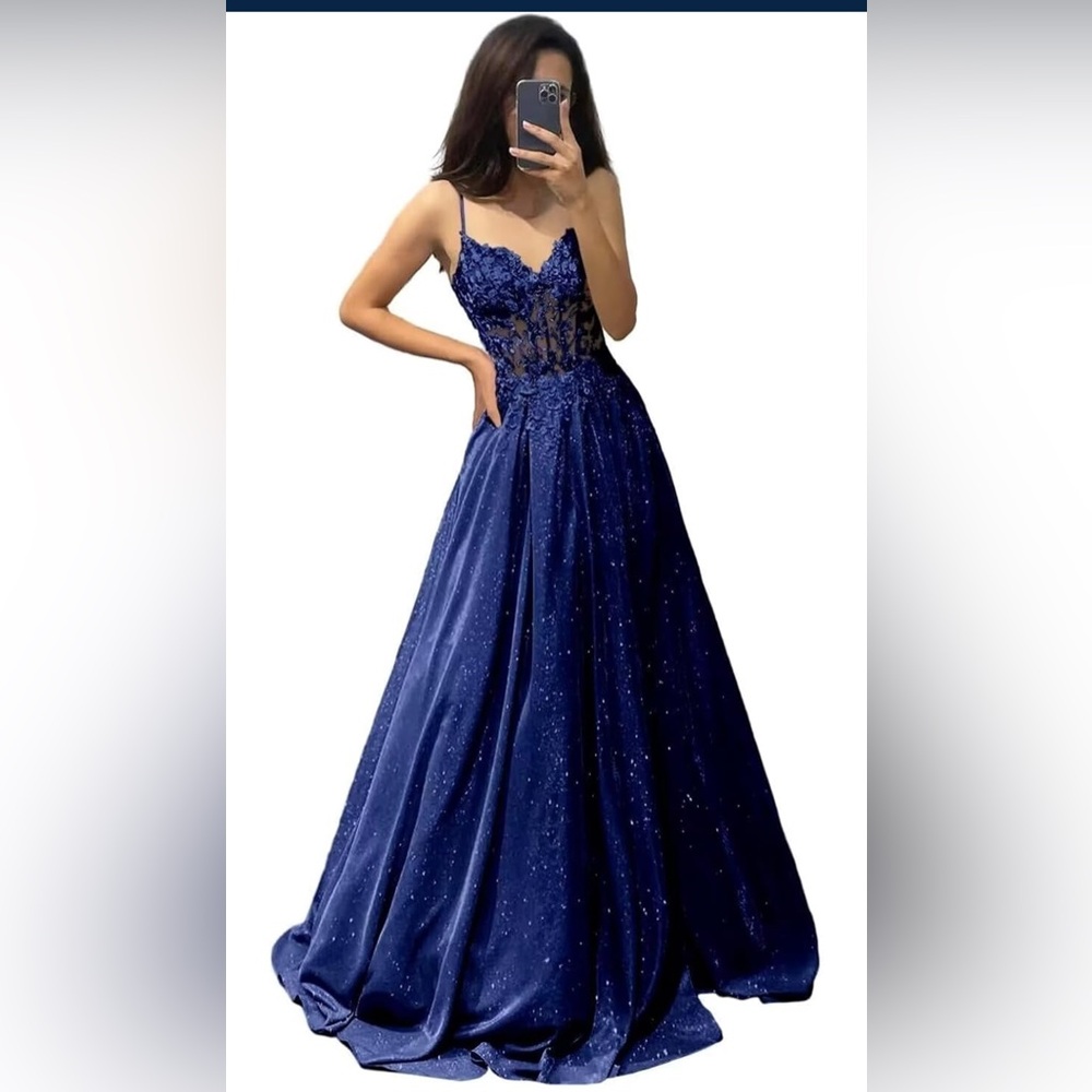 Dress Spaghetti Straps V Neck Lace Applique A Line Long Formal Gown with Pockets